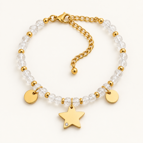 Bracelet Mira doré en cristal de roche 4 mm sur fond Nacre MilAura