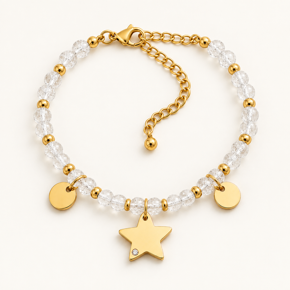 Bracelet Mira doré en cristal de roche 4 mm sur fond Nacre MilAura