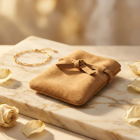 Pochon velours camel ferme sur marbre creme