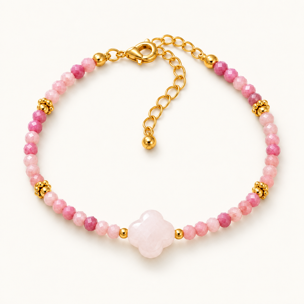 Bracelet Rosalia doré en quartz rose et rhodonite 3 mm sur fond Nacre MilAura