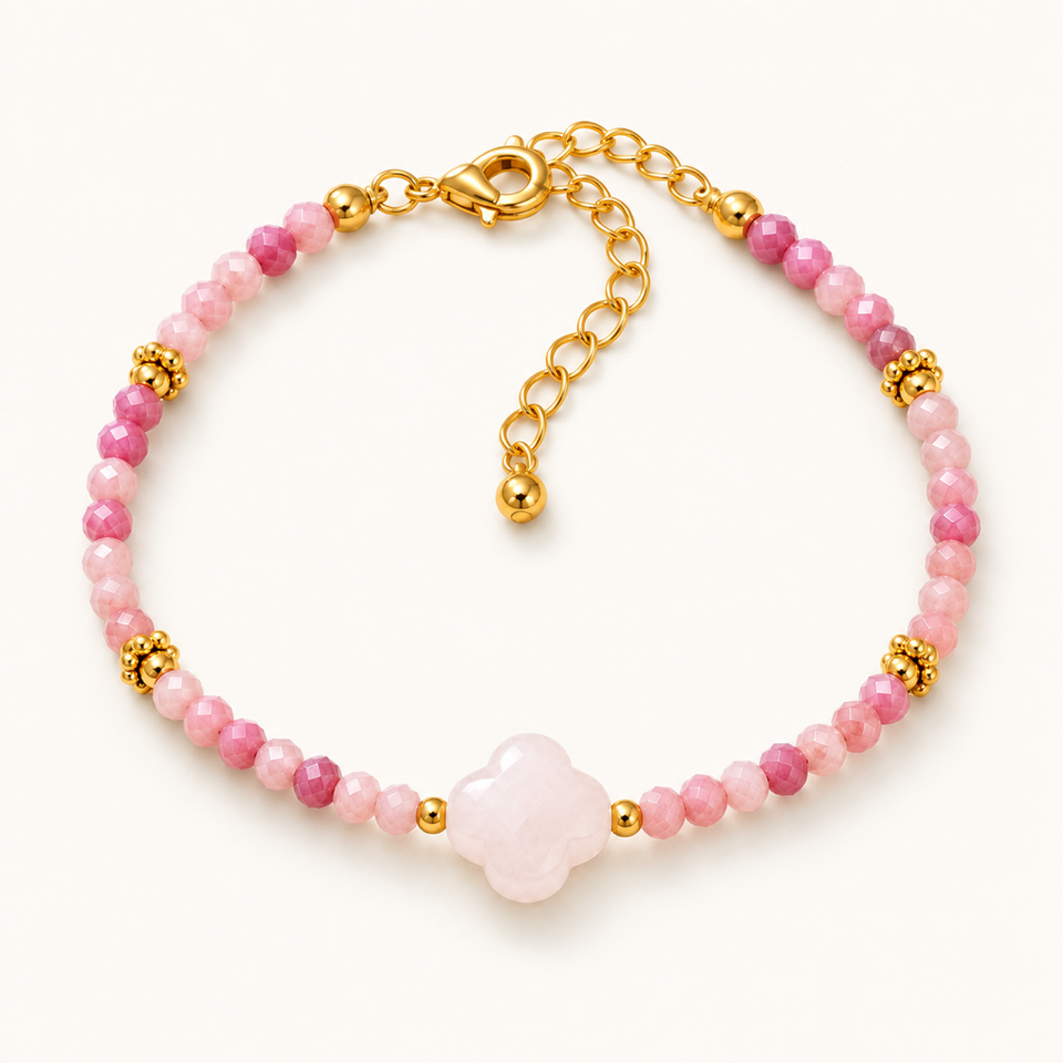Bracelet Rosalia doré en quartz rose et rhodonite 3 mm sur fond Nacre MilAura