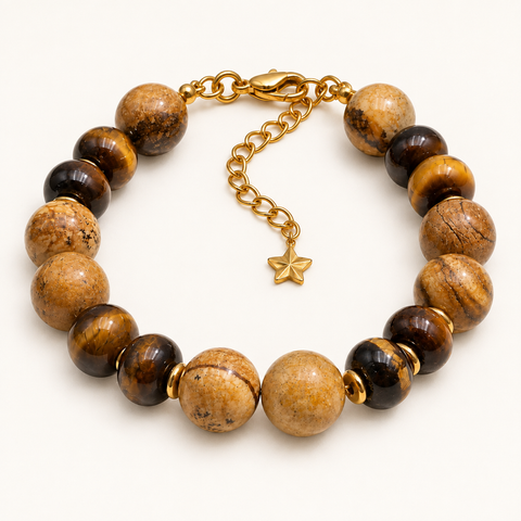 Bracelet Alba doré en jaspe paysage et oeil de tigre sur fond Nacre MilAura