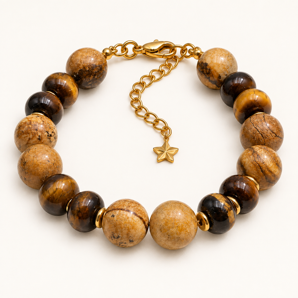 Bracelet Alba doré en jaspe paysage et oeil de tigre sur fond Nacre MilAura