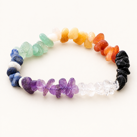 Bracelet baroque 7 chakras avec améthyste sur fond Nacre MilAura