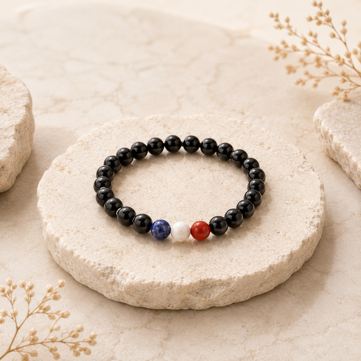 Bracelet supporter France tricolore avec onyx noir