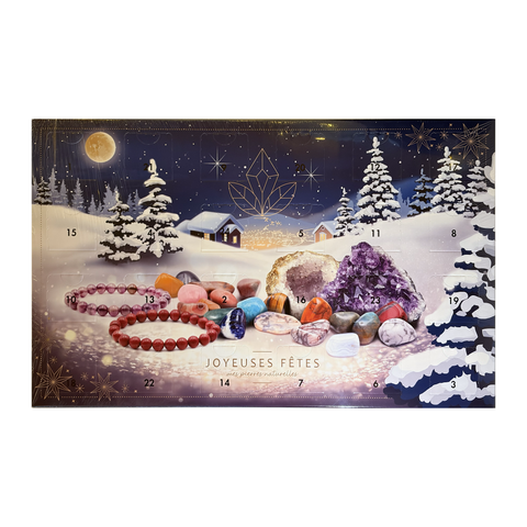 Calendrier de l’Avent Joyeuses Fêtes de face, décor de neige et de pierres, avec 24 fenêtres numérotées.