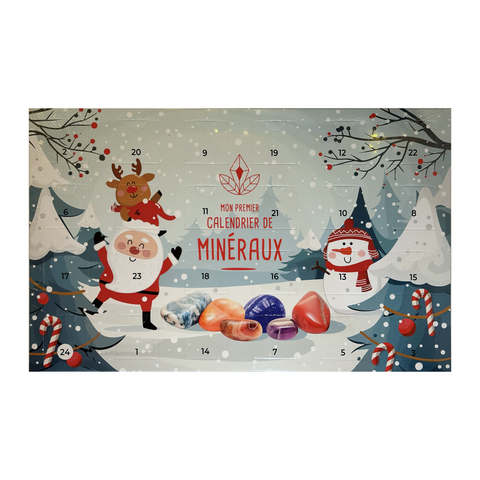 Calendrier de l’Avent Mon premier calendrier de minéraux de face, avec un renne, un Père Noël et 24 fenêtres numérotées.