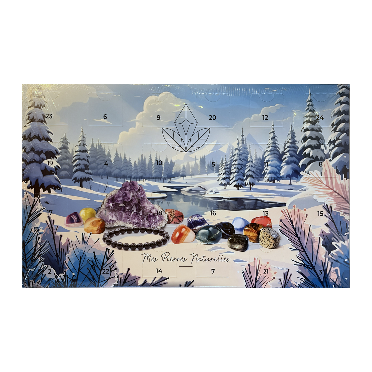 Calendrier de l’Avent Mes pierres naturelles de face, décor de forêt enneigée, avec 24 fenêtres numérotées.