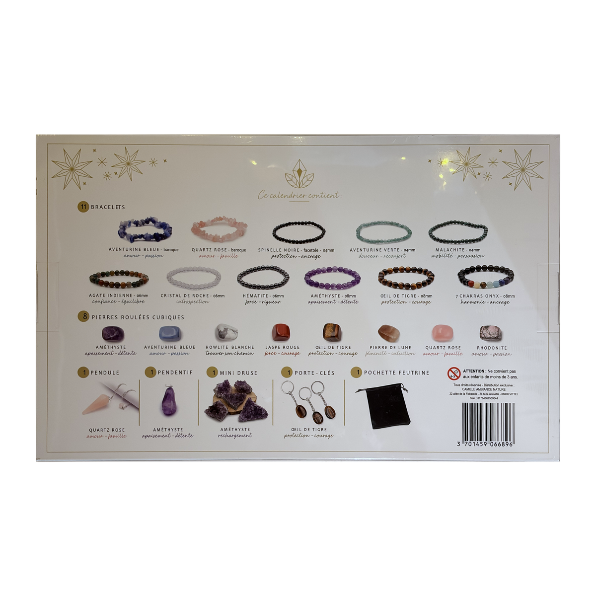 Dos du calendrier de l’Avent Trésors de minéraux, avec les images et les noms des bijoux, des pierres, de la druse et de la pochette.