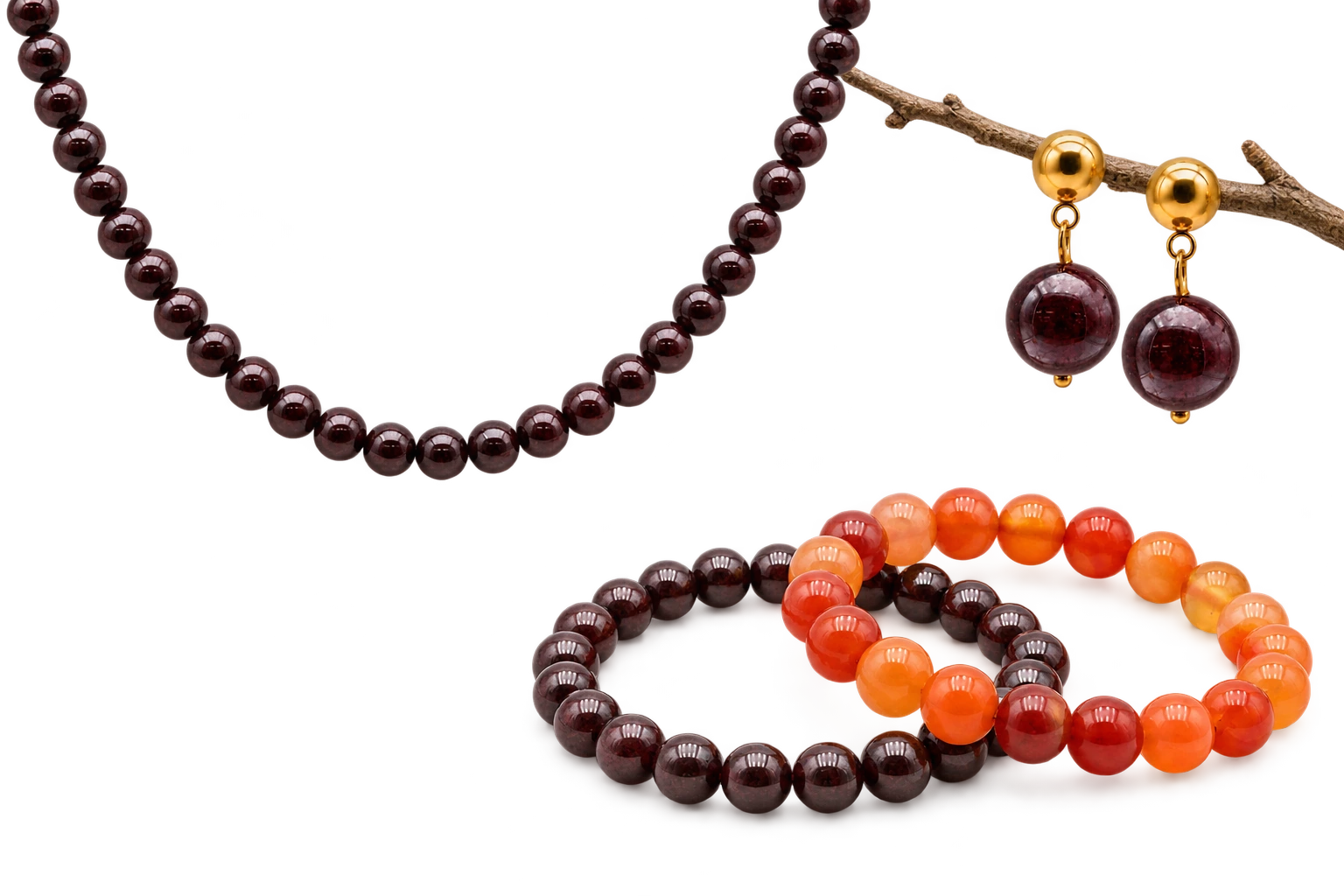 Collier, boucles d’oreilles et bracelets en grenat et en cornaline