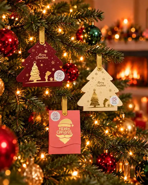 Le sapin décoré, avec des Écrins de Noël suspendus aux branches