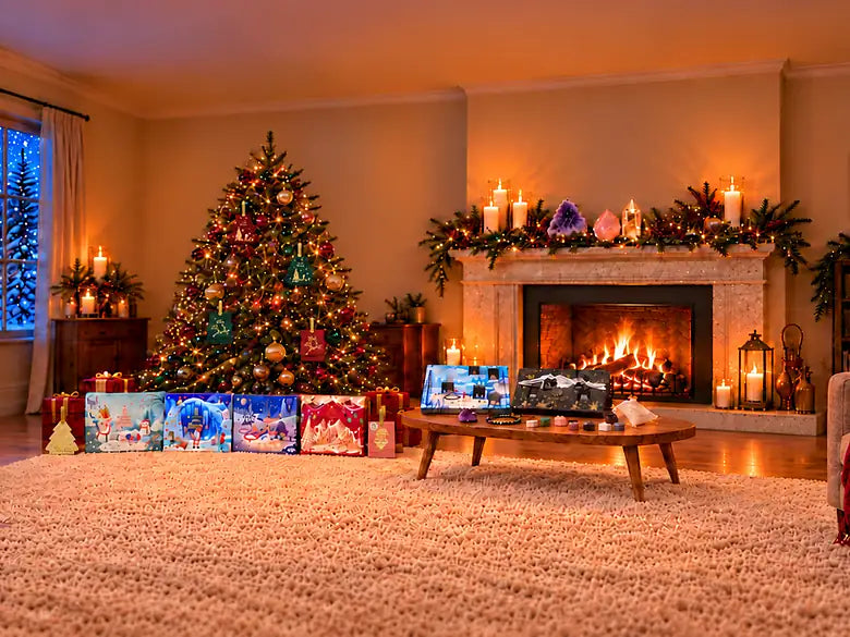 Le salon de Noël : le sapin décoré avec les Écrins, la cheminée et les calendriers ouverts sur la table